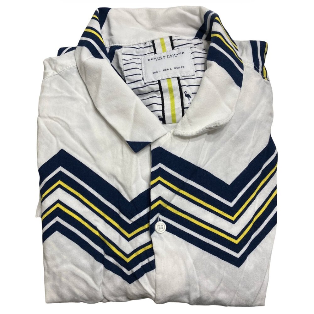 Denim & Flower Ricky Singh Men's Large Short Sleeve Shirt White Navy Chevron